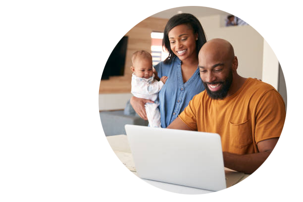 rounded image of family with laptop
